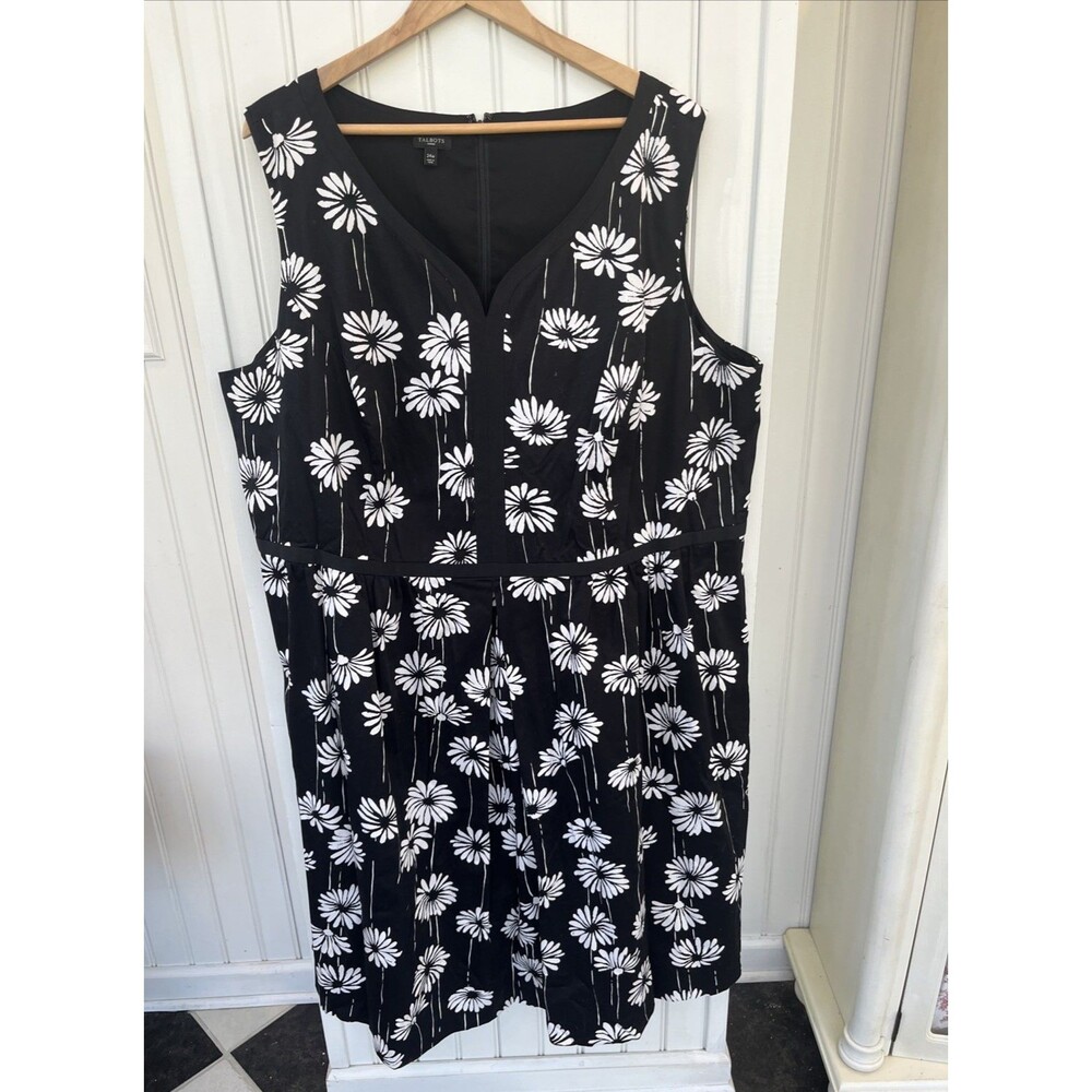 Talbots 24W Floral Print Dress Sleeveless Black and White Plus Daisies Pockets